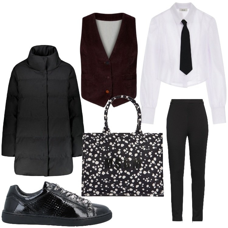 Outfit donna - Gennaio mannish. Stile Mannish per Serata fuori. Abbinamento con pantaloni skinny, sneakers, camicie, piumini, gilet, shopping bag.