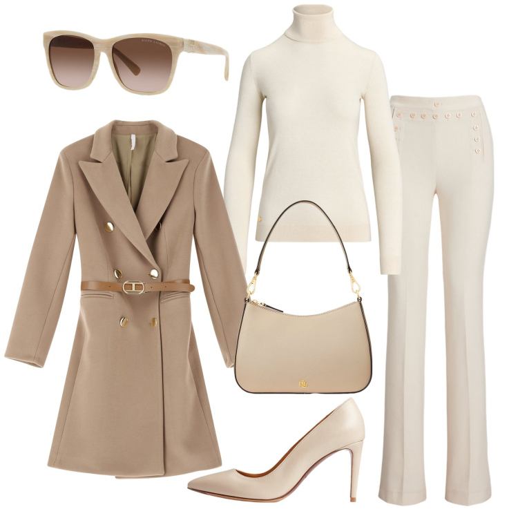 Outfit donna - White and cream. Stile Chic per Ufficio. Abbinamento con cappotti, maglieria, borse a spalla, occhiali da sole, pantaloni, décolleté.