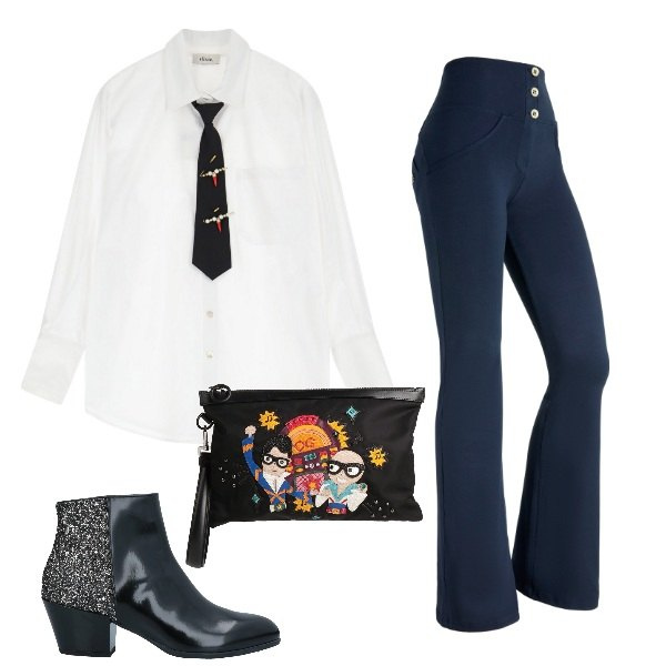 Outfit donna - Eleganza e semplicita\'. Stile Casual chic per Serata fuori. Abbinamento con stivaletti, borse a mano, camicie, pantaloni skinny.