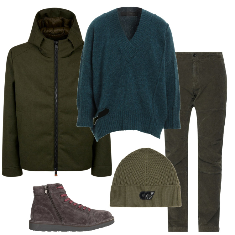Outfit uomo - Verde militare. Stile Casual per Tutti i giorni. Abbinamento con stivali e stivaletti, pantaloni, pullovers, giacche, berretti.