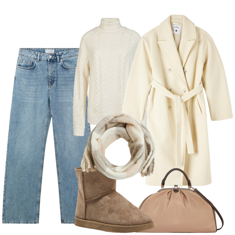 Outfit donna - Fa freddo. Stile Casual per Tutti i giorni. Abbinamento con stivaletti, cappotti, jeans, sciarpe, maglieria, borse a spalla.