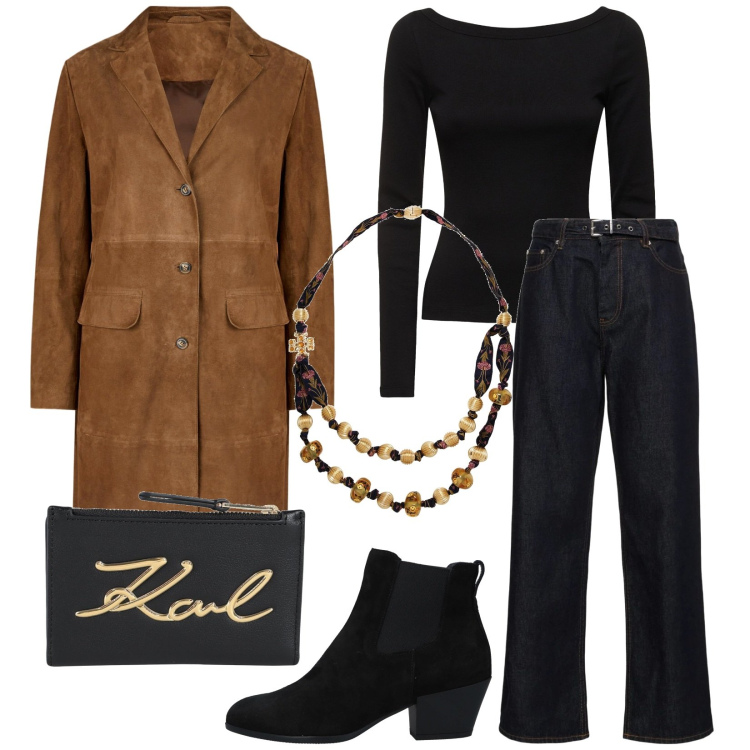 Outfit donna - Total look #2036165. Stile Casual chic per Tutti i giorni. Abbinamento con stivaletti chelsea, collane, portafogli, cappotti, t-shirt, jeans dritti.