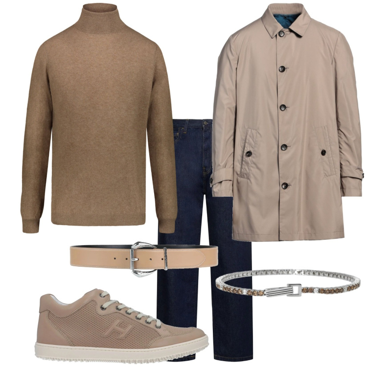 Outfit uomo - Total look #2036167. Stile Trendy per Tutti i giorni. Abbinamento con sneakers, cinture, trench, braccialetti, maglieria, jeans.