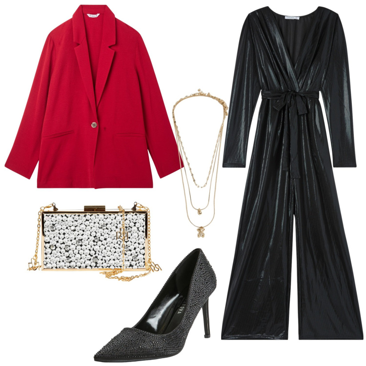 Outfit donna - Total look #2036181. Stile Glamour per Serata fuori. Abbinamento con blazer, tute, décolleté, ciondoli, pochette.