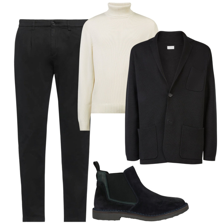 Outfit uomo - In ufficio a gennaio. Stile Urban per Ufficio. Abbinamento con stivali e stivaletti, pantaloni chino, cardigans, maglieria.