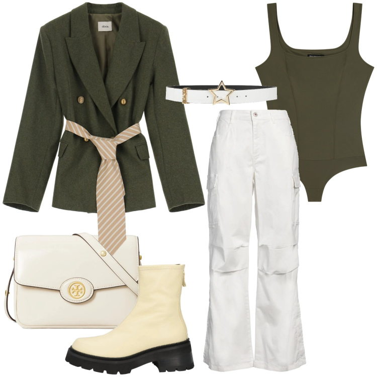 Outfit donna - Total look #2036195. Stile Urban per Tutti i giorni. Abbinamento con cinture, pantaloni cargo, stivaletti, body, blazer, borse a spalla.
