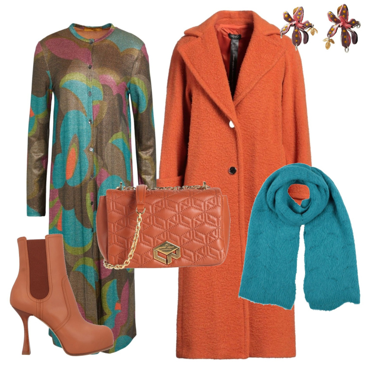 Outfit donna - Total look #2036196. Stile Trendy per Serata fuori. Abbinamento con cappotti, vestiti midi/longuette, borse a tracolla, sciarpe, orecchini, stivaletti chelsea.