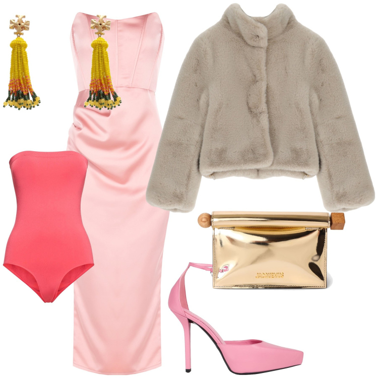 Outfit donna - Matrimonio invernale serale. Stile Glamour per Cerimonia. Abbinamento con orecchini, décolleté, blazer, vestiti midi/longuette, body, pochette.