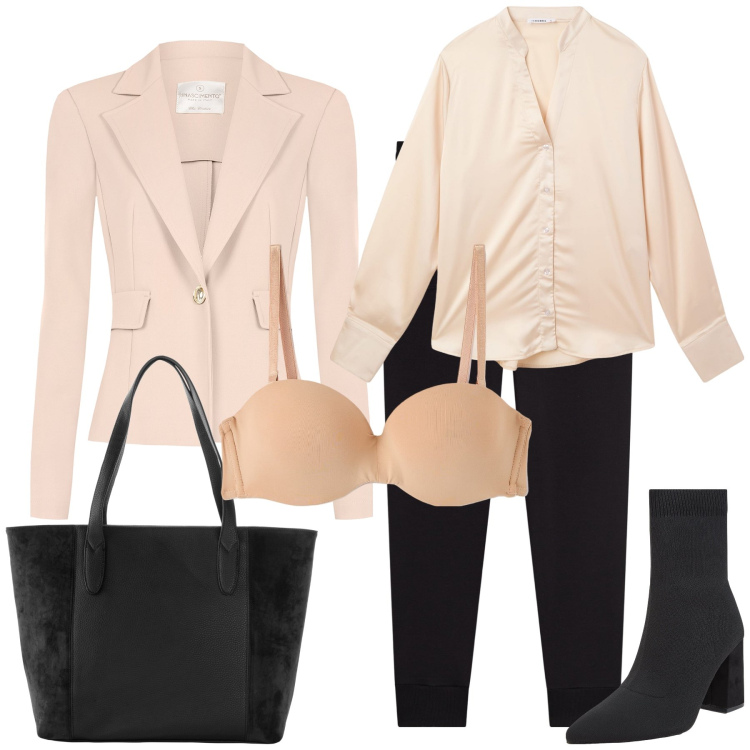 Outfit donna - Semplicemente ufficio. Stile Basic per Ufficio. Abbinamento con shopping bag, camicie, reggiseni, stivaletti, blazer, pantaloni.