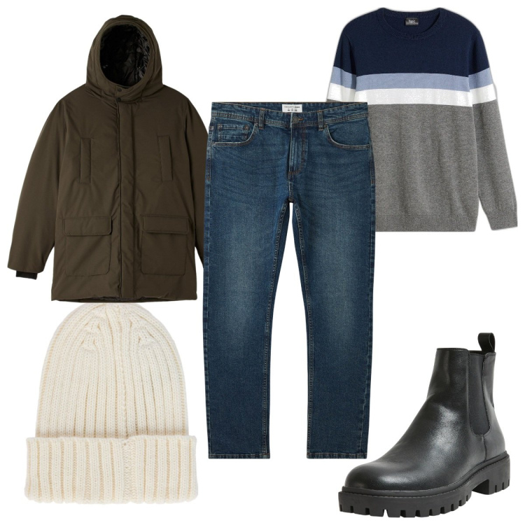Outfit uomo - Total look #2036218. Stile Casual per Tutti i giorni. Abbinamento con maglieria, jeans, parka, stivali e stivaletti, berretti.