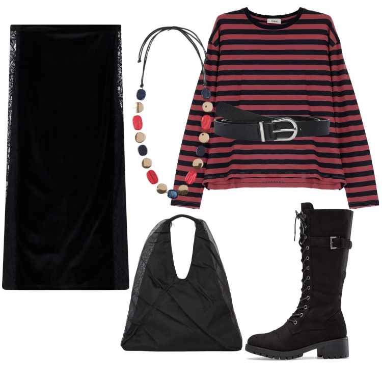 Outfit donna - Total look #2036226. Stile Trendy per Tutti i giorni. Abbinamento con stivali, cinture, gonne longuette, maglieria, collane, shopping bag.