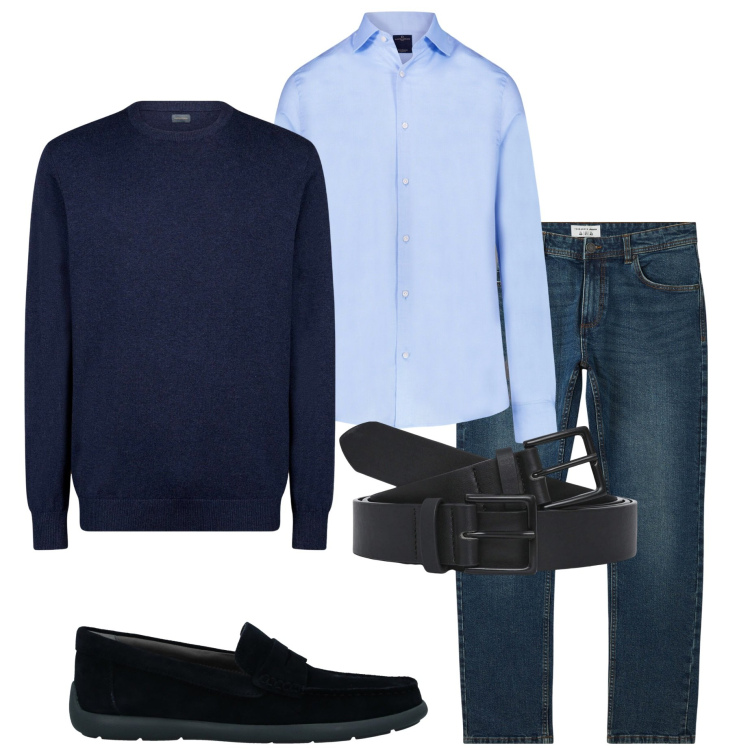 Outfit uomo - In ufficio con i jeans. Stile Urban per Ufficio. Abbinamento con scarpe stringate, jeans, cinture, maglieria, camicie.