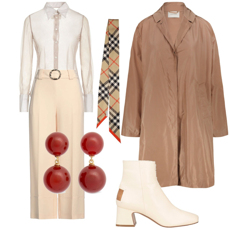 Outfit donna - Riunione alle 10. Stile Chic per Ufficio. Abbinamento con stivaletti, pantaloni, camicie, trench, foulard, orecchini.