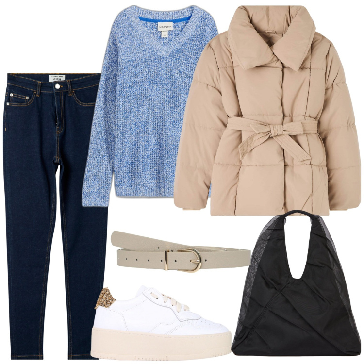 Outfit donna - Commissioni. Stile Casual per Tutti i giorni. Abbinamento con maglieria, piumini, jeans skinny, cinture, sneakers, shopping bag.