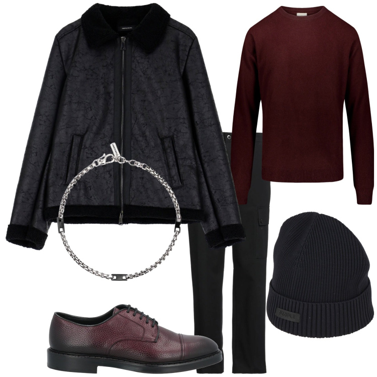 Outfit uomo - Effetto pelle effetto montone. Stile Trendy per Serata speciale. Abbinamento con cappelli, pantaloni cargo, scarpe stringate, braccialetti, giacche, maglieria.