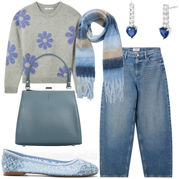 Outfit donna - Azzurra. Stile Romantica per Tutti i giorni. Abbinamento con ballerine, sciarpe, maglieria, jeans, orecchini, clutch.
