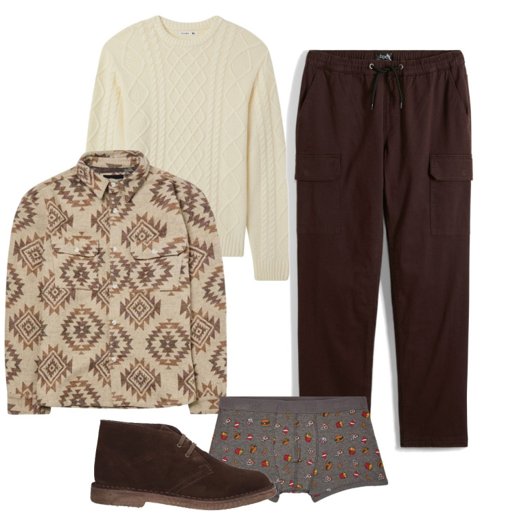 Outfit uomo - Caffè. Stile Casual per Tutti i giorni. Abbinamento con pantaloni cargo, stivali e stivaletti, cappotti, boxer, maglieria.