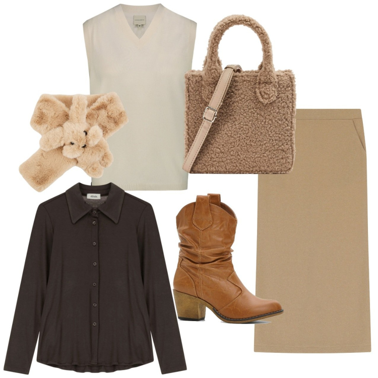 Outfit donna - Teddy. Stile Bon Ton per Ufficio. Abbinamento con stivaletti texani, shopping bag, sciarpe, camicie, gonne lunghe, maglieria.