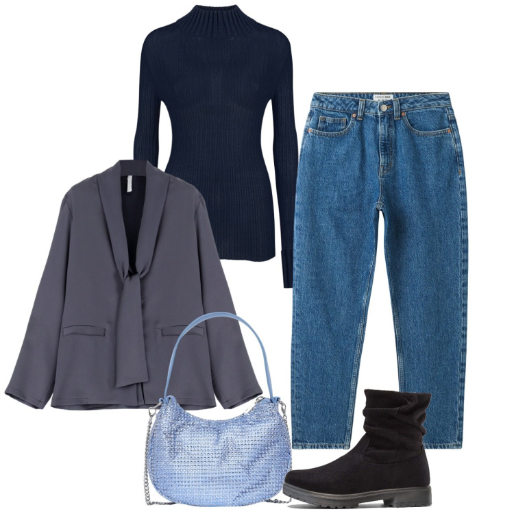 Outfit donna - Informale con tocco chic. Stile Casual chic per Tutti i giorni. Abbinamento con stivaletti, jeans mom, borse a spalla, blazer, maglieria.