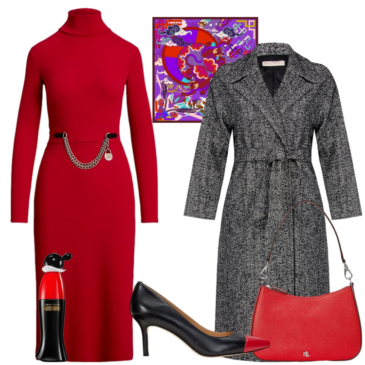 Outfit donna - Total look #2036347. Stile Chic per Serata fuori. look ideale per Tall. Abbinamento con profumi, cappotti, vestiti, décolleté, borse a spalla, foulard.
