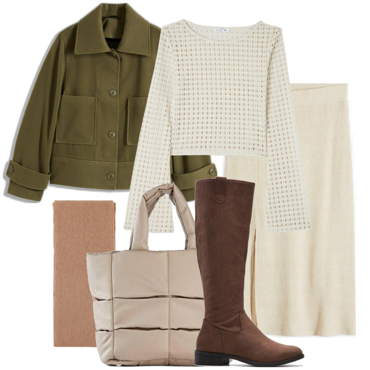 Outfit donna - Week end. Stile Casual chic per Tutti i giorni. Abbinamento con stivali, gonne, blazer, borse a mano, maglieria, stole.