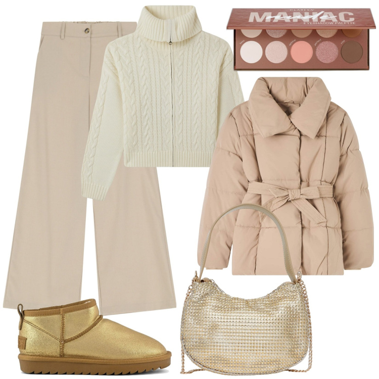 Outfit donna - Winter. Stile Casual chic per Tutti i giorni. Abbinamento con ombretti, piumini, cardigans, borse a spalla, pantaloni a palazzo, stivali.