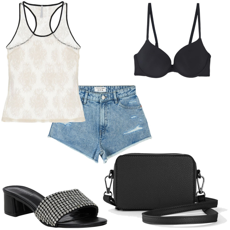 Outfit donna - Shorts e top di pizzo. Stile Trendy per Tutti i giorni. Abbinamento con borse a tracolla, shorts, reggiseni, ciabatte, canottiere.