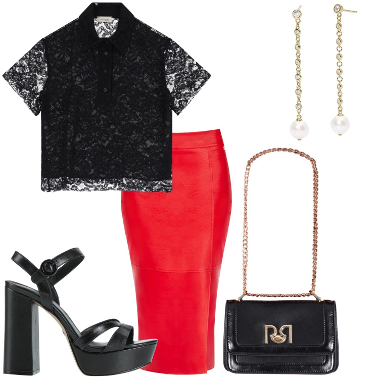Outfit donna - Gonna rossa e pizzo nero. Stile Glamour per Serata fuori. Abbinamento con sandali in pelle, top, orecchini, gonne longuette, borse a tracolla.