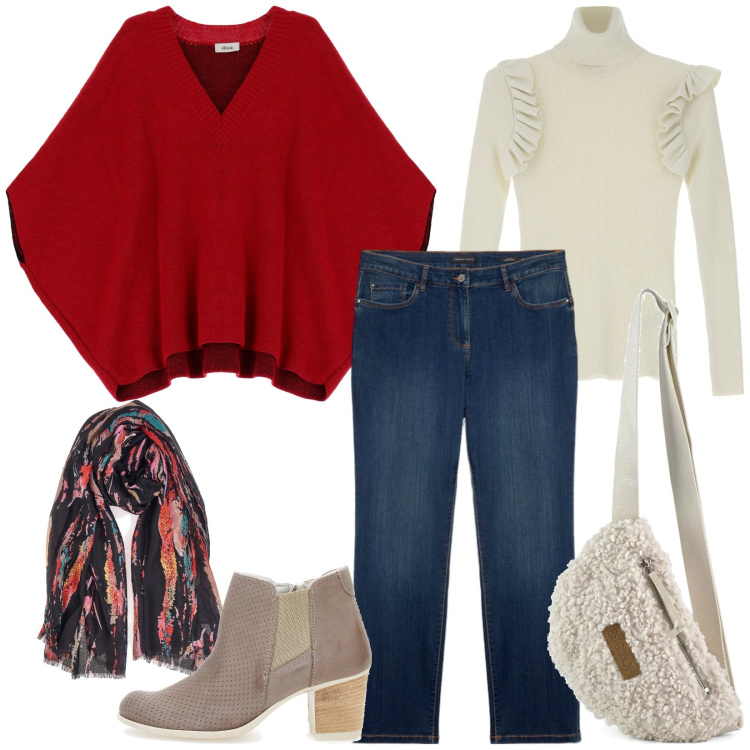 Outfit donna - Total look #2036408. Stile Casual per Tutti i giorni. Abbinamento con maglieria, cappotti, marsupi, jeans dritti, foulard, stivaletti.