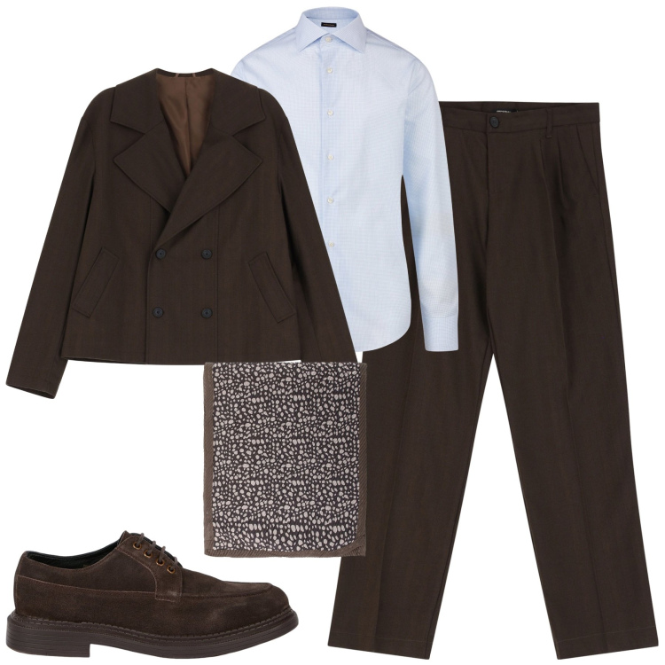 Outfit uomo - City. Stile Trendy per Tutti i giorni. Abbinamento con pantaloni, sciarpe e foulard, giacche, scarpe stringate, camicie.