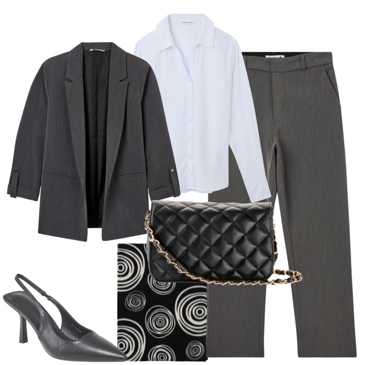 Outfit donna - In ufficio. Stile Minimal per Ufficio. Abbinamento con borse a tracolla, camicie, pantaloni chino, blazer, décolleté, foulard.