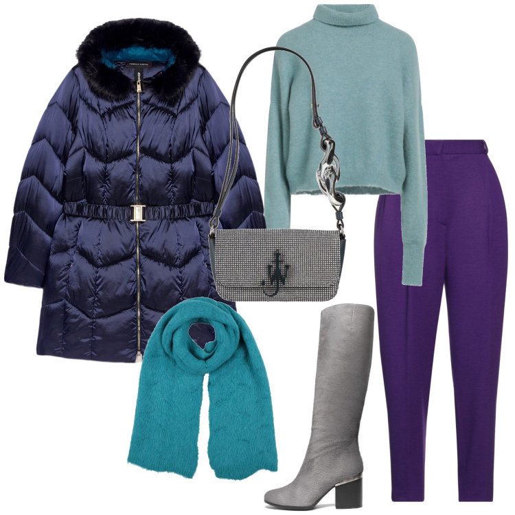 Outfit donna - Total look #2036416. Stile Casual per Tutti i giorni. Abbinamento con maglieria, stivali, sciarpe, pantaloni, borse a spalla, piumini.