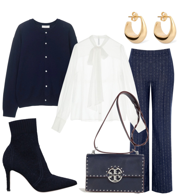 Outfit donna - Total blu. Stile Glamour per Tutti i giorni. Abbinamento con stivaletti, borse a tracolla, camicie, pantaloni, orecchini, cardigans.