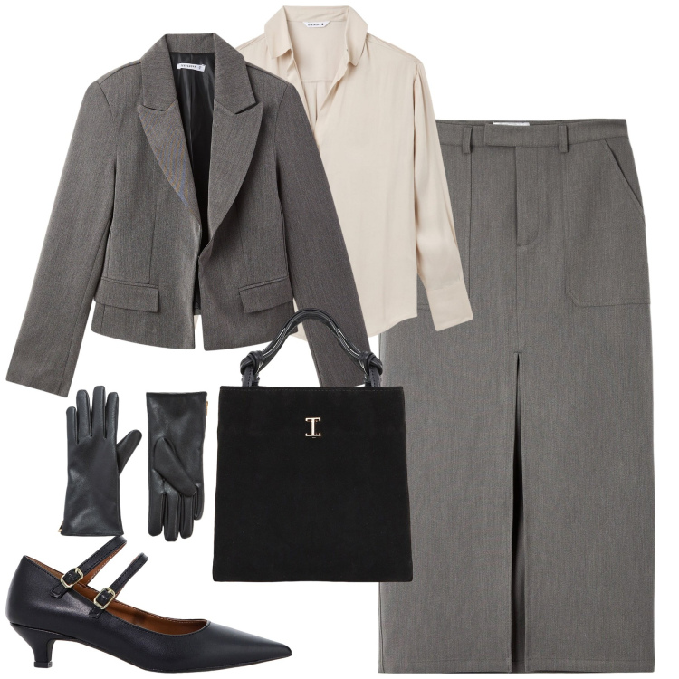 Outfit donna - City. Stile Bon Ton per Ufficio. Abbinamento con blazer, gonne lunghe, camicie, guanti, shopping bag, décolleté.