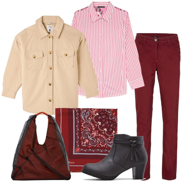 Outfit donna - Total look #2036422. Stile Casual per Tutti i giorni. Abbinamento con stivaletti, pantaloni, cappotti, foulard, camicie, shopping bag.