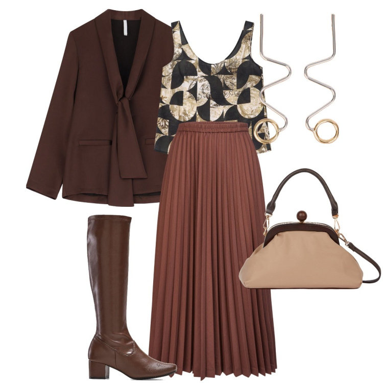 Outfit donna - Fantasia geometrica. Stile Bon Ton per Serata fuori. Abbinamento con stivali, blazer, top, minigonne, clutch, orecchini.