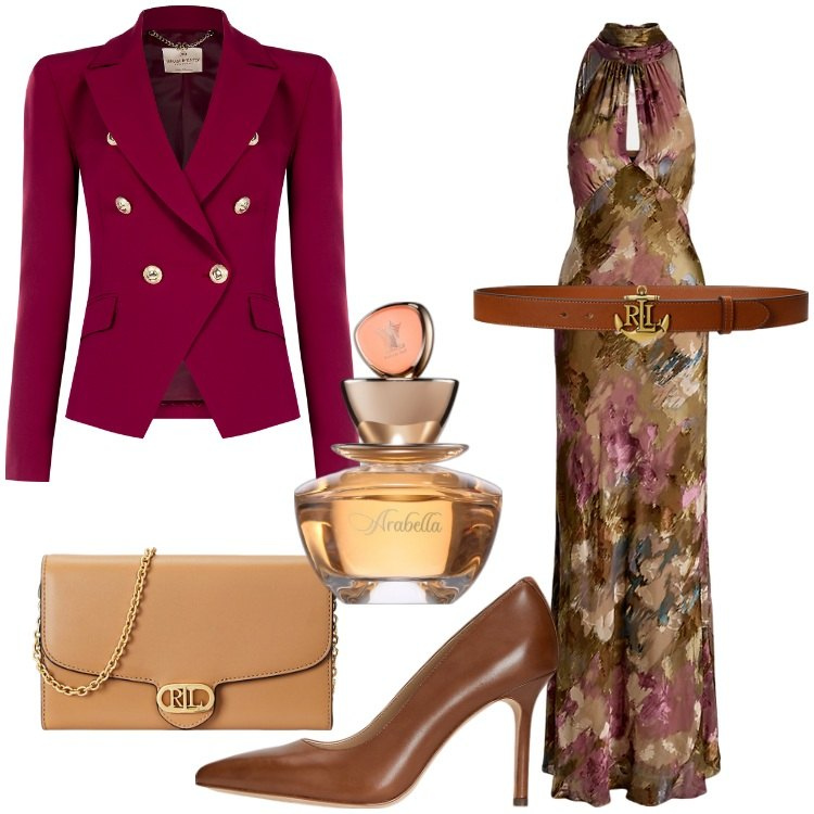 Outfit donna - Tonalità calde per gennaio. Stile Chic per Serata fuori. Abbinamento con profumi, blazer, vestiti, cinture, borse a tracolla, décolleté.