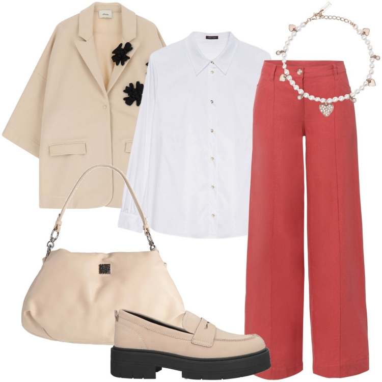 Outfit donna - Dettagli rosa. Stile Trendy per Ufficio. Abbinamento con borse a mano, mocassini, pantaloni a palazzo, braccialetti, camicie, blazer.