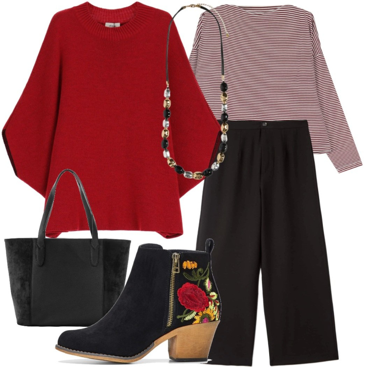 Outfit donna - Gli stivaletti ricamati. Stile Casual per Tutti i giorni. Abbinamento con stivaletti, shopping bag, pantaloni, maglieria, cappotti, collane.