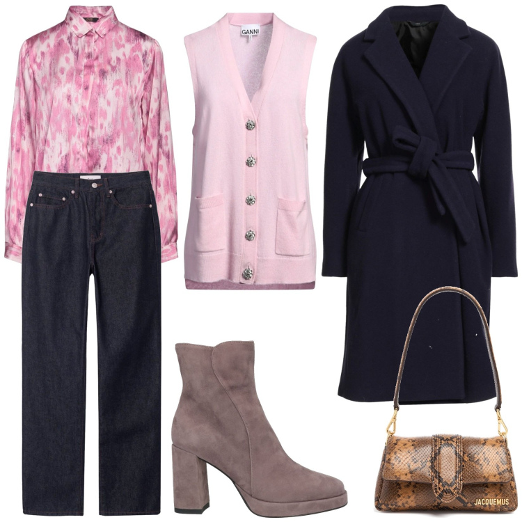 Outfit donna - Total look #2036453. Stile Casual chic per Serata fuori. Abbinamento con camicie, cardigans, stivaletti, cappotti, jeans dritti, borse a spalla.