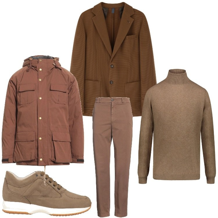Outfit uomo - Marrone elegante. Stile Business/Elegante per Ufficio. Abbinamento con pantaloni chino, piumini, sneakers, giacche, maglieria.