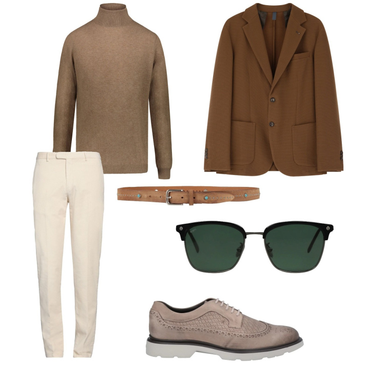 Outfit uomo - Si ritorna a lavoro. per Ufficio. Abbinamento con pantaloni chino, cinture, occhiali da sole, scarpe stringate, giacche, maglieria.