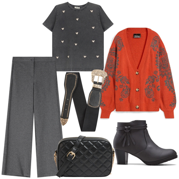 Outfit donna - Total look #2036469. Stile Casual chic per Scuola/Università. Abbinamento con stivaletti, cardigans, borse a tracolla, cinture, pantaloni, t-shirt.