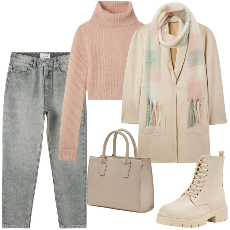 Outfit donna - Total look #2036470. Stile Casual per Tutti i giorni. Abbinamento con maglieria, trench, anfibi, shopping bag, jeans mom, sciarpe.