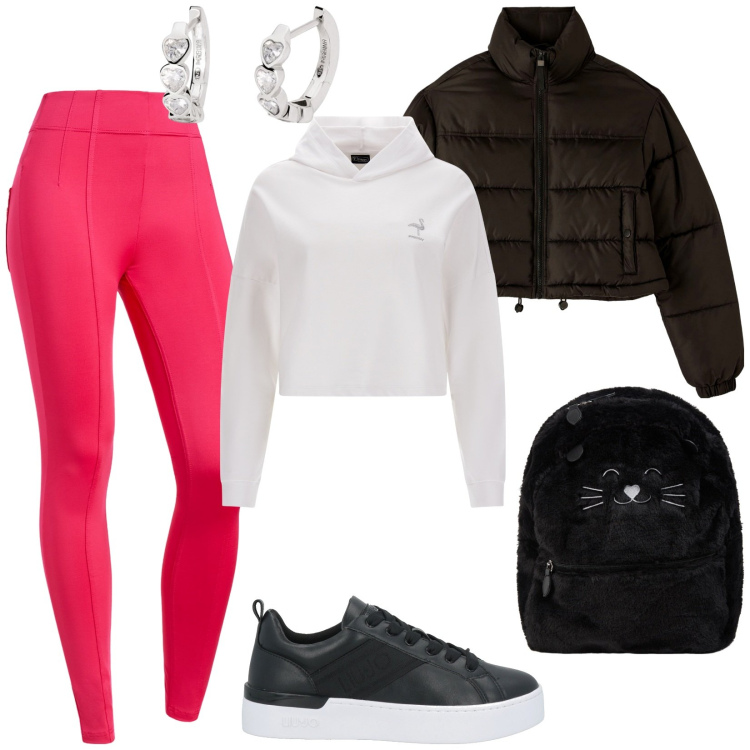 Outfit donna - Total look #2036479. Stile Casual per Tutti i giorni. Abbinamento con sneakers, orecchini, piumini, zaini, leggings, felpe con cappuccio.