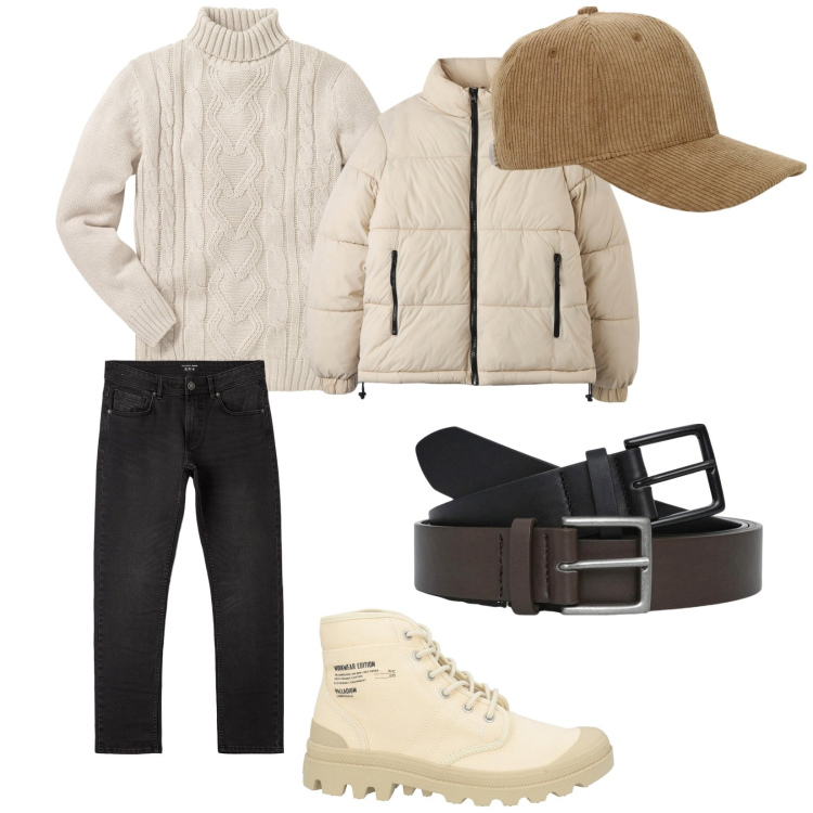 Outfit uomo - In montagna. per Tutti i giorni. Abbinamento con maglieria, stivali e stivaletti, piumini, jeans dritti, cinture, cappelli.