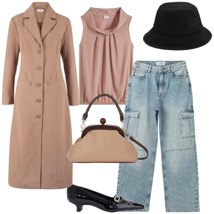 Outfit donna - A cena con i jeans cargo e il resto chic. Stile Glamour per Serata fuori. Abbinamento con top, cappotti, jeans, ballerine, cappelli, clutch.