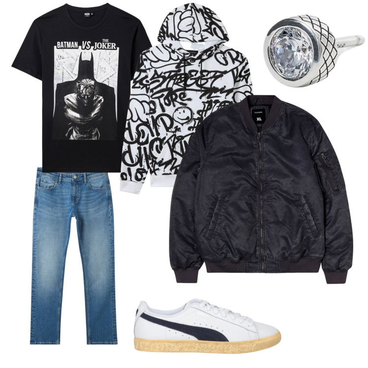 Outfit uomo - Amici. per Tutti i giorni. Abbinamento con sneakers, bomber, t-shirt, jeans, felpe con cappuccio, orecchini.
