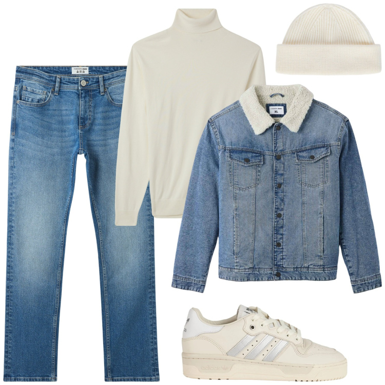 Outfit uomo - Azzurro come il cielo. Stile Casual per Tutti i giorni. Abbinamento con sneakers, jeans, giacche, maglieria, berretti.