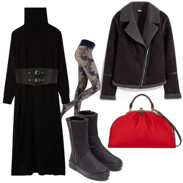 Outfit donna - Total look #2036497. Stile Casual per Tutti i giorni. Abbinamento con stivali, blazer, cinture, vestiti lunghi, collant, borse a spalla.